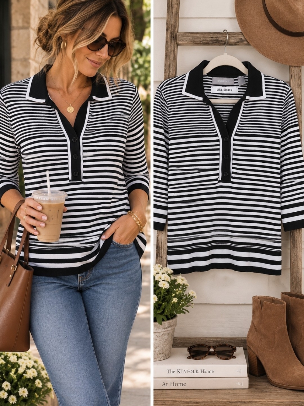 Liz Claiborne M Black White Striped 3/4 Sleeve Polo Knit Top Classic Basic